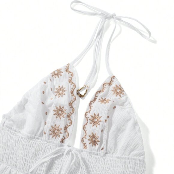White Boho Women's Floral Embroidery Maxi Sundress - Picture 7 of 7